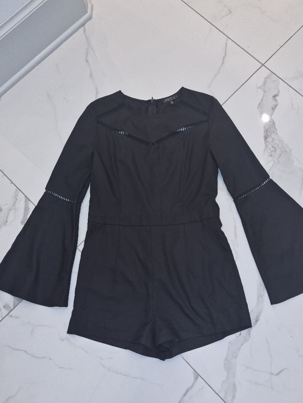 TCEC Black Bell Sleeve Jumpsuit with V-Neck Cutouts